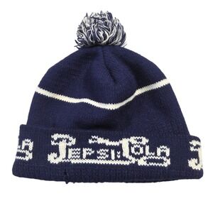 Vintage Pepsi Cola Knit Beanie Navy Blue Pom Cuffed Winter Hat Mens One Size
